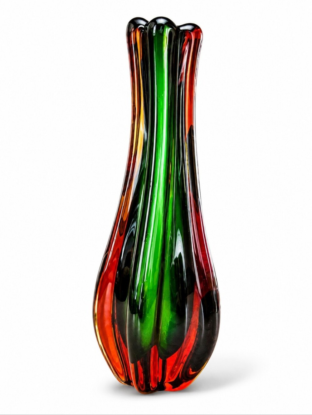 Vintage Sommerso Art Glass Vase Green Core Amber Ribbed 12" MCM